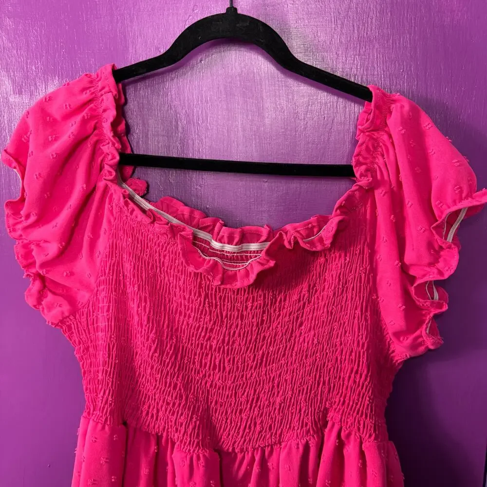 SHEIN Curve 4XL Hot Pink Smocked Babydoll Dress Swiss Dot Ruffle Sleeves